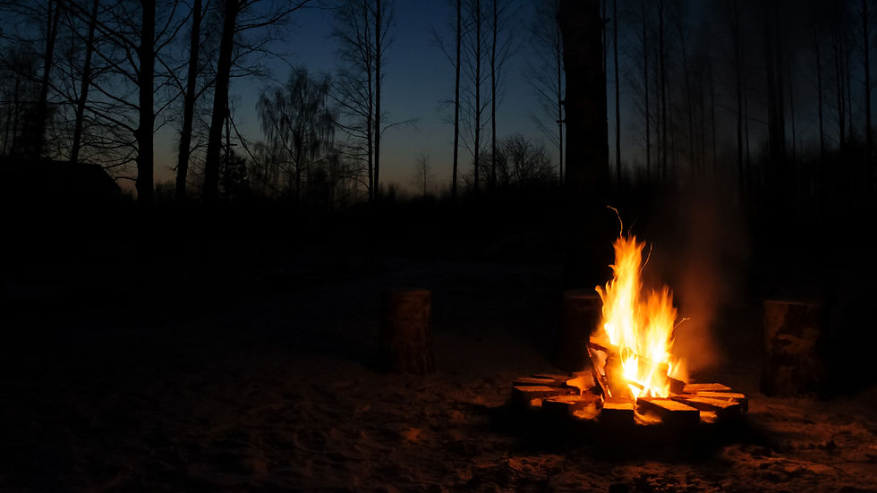 Campfire burning in a dark forest with silhouetted trees against a twilight sky. Logs encircle the fire, creating a serene, warm atmosphere.