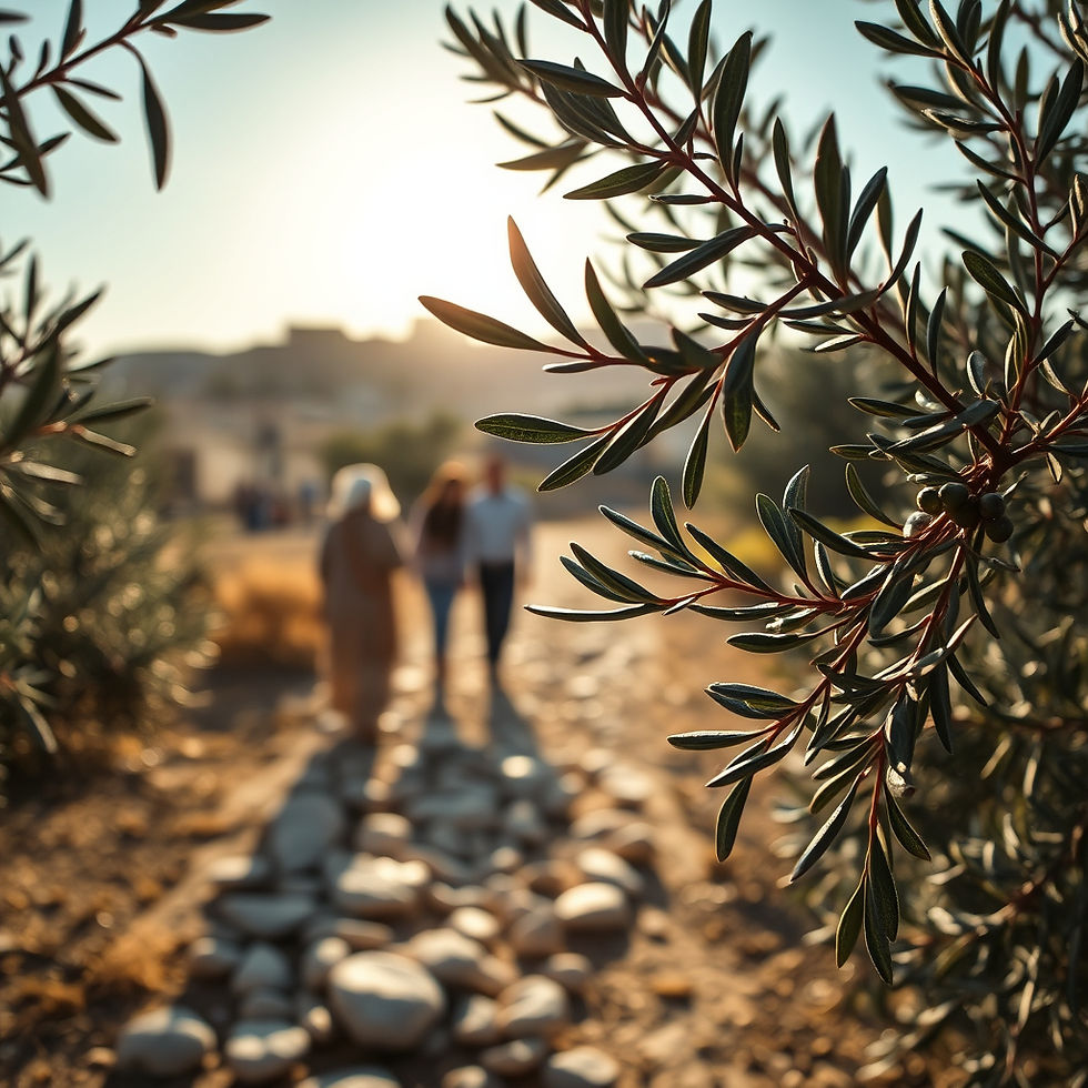 olive branches small pomegranite stones etching of people walking biblical setting Israe