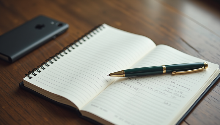 Vue en plongée d’un carnet de notes et d’un stylo posés sur une table, symbolisant la préparation d’une séance d’hypnose