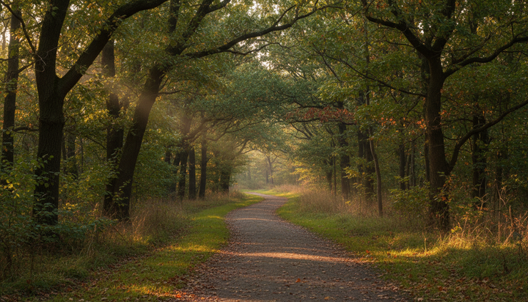 Vue à hauteur des yeux d’un chemin calme bordé d’arbres en fin de journée.