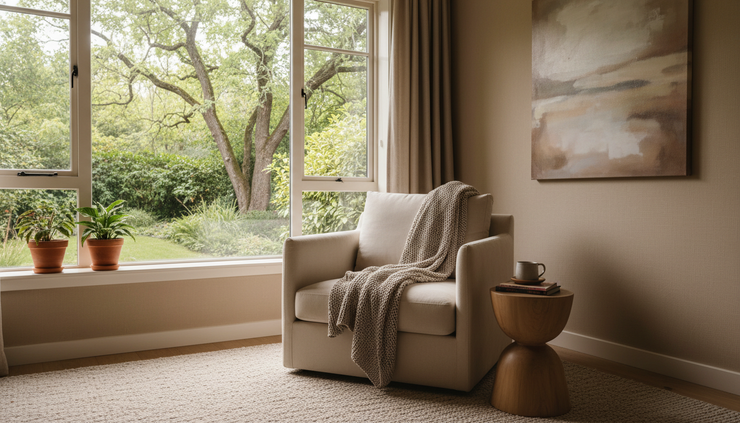 Plan large d’un fauteuil confortable près d’une fenêtre donnant sur de la verdure.