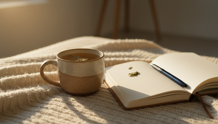 Vue en plongée d’une tasse de tisane près d’un carnet entrouvert sur une couverture douce.