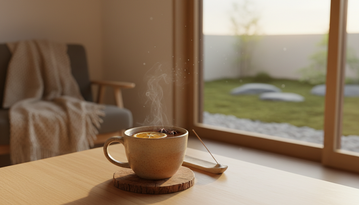 Vue rapprochée d’une tasse de tisane posée près d’une fenêtre lumineuse dans une pièce calme.