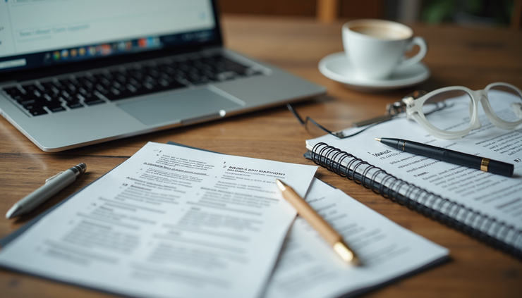 Vue en plongée d’un bureau avec des notes et un ordinateur portable ouverts sur un document de préparation