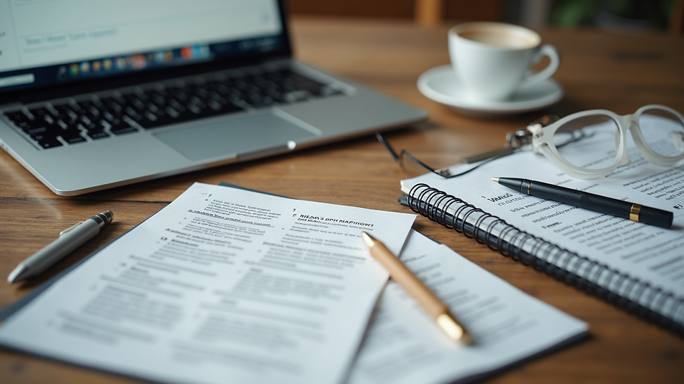 Vue en plongée d’un bureau avec des notes et un ordinateur portable ouverts sur un document de préparation