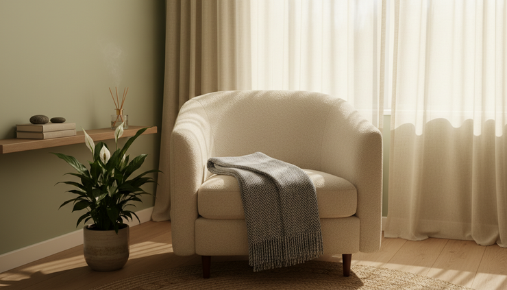 Vue à hauteur des yeux d’un fauteuil confortable dans une pièce calme avec une couverture pliée