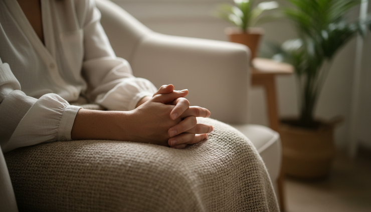 Gros plan sur deux mains détendues posées sur un plaid pendant une séance calme