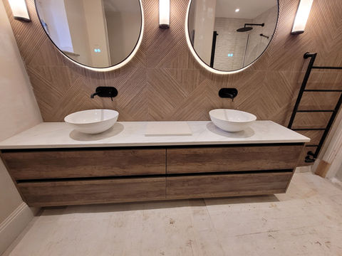 Modern Bathroom vanity unit with pull out drawer storage under in a wood grain effect finish