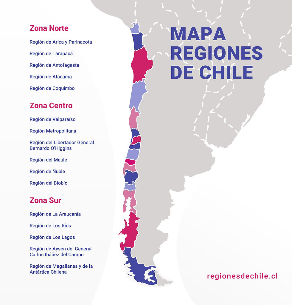 Mapa con las regiones de Chile.