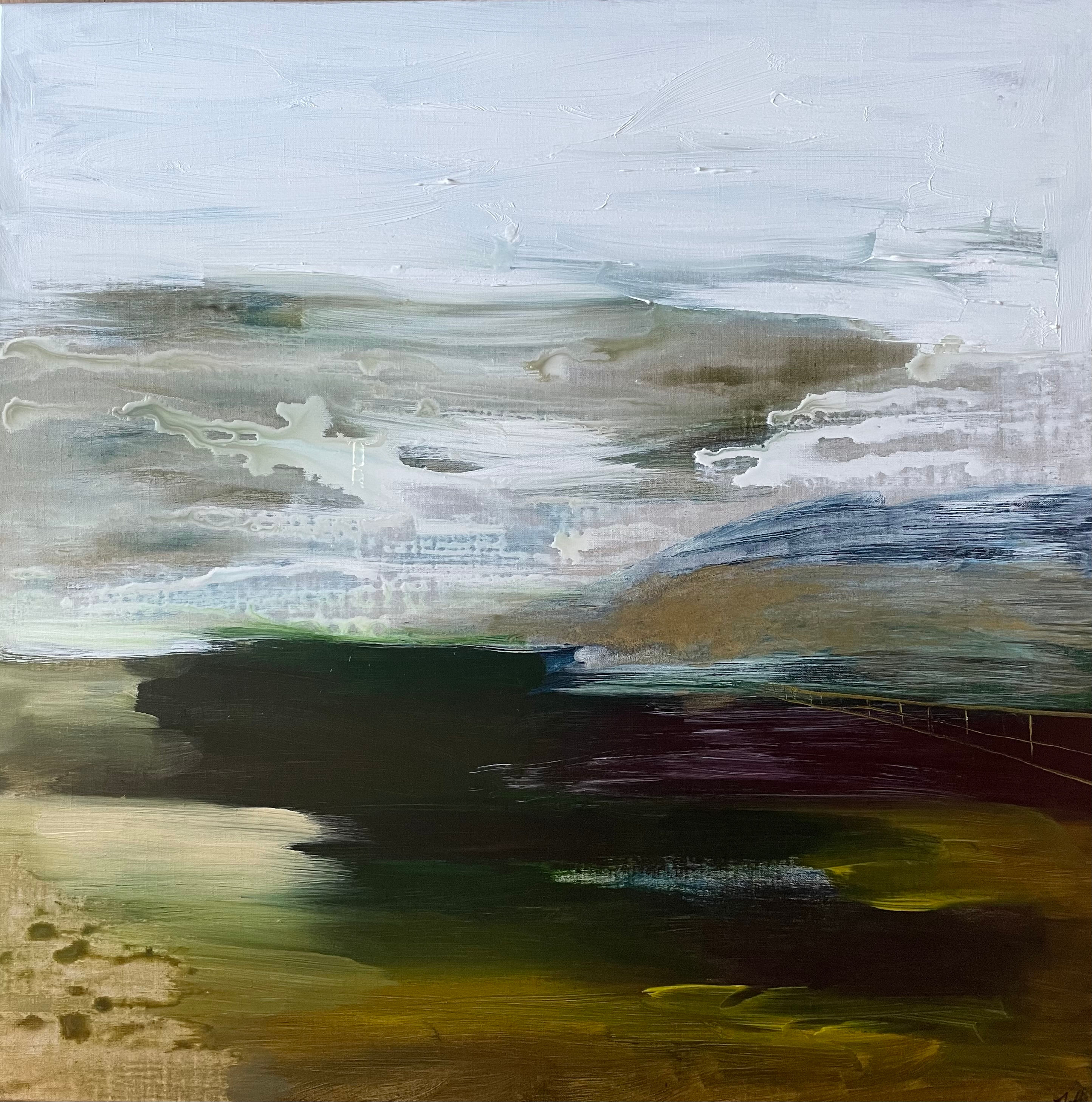 Wicklow Mountains Beyond by Angela Murray, a 100x100 cm acrylic painting of the Wicklow Mountains.