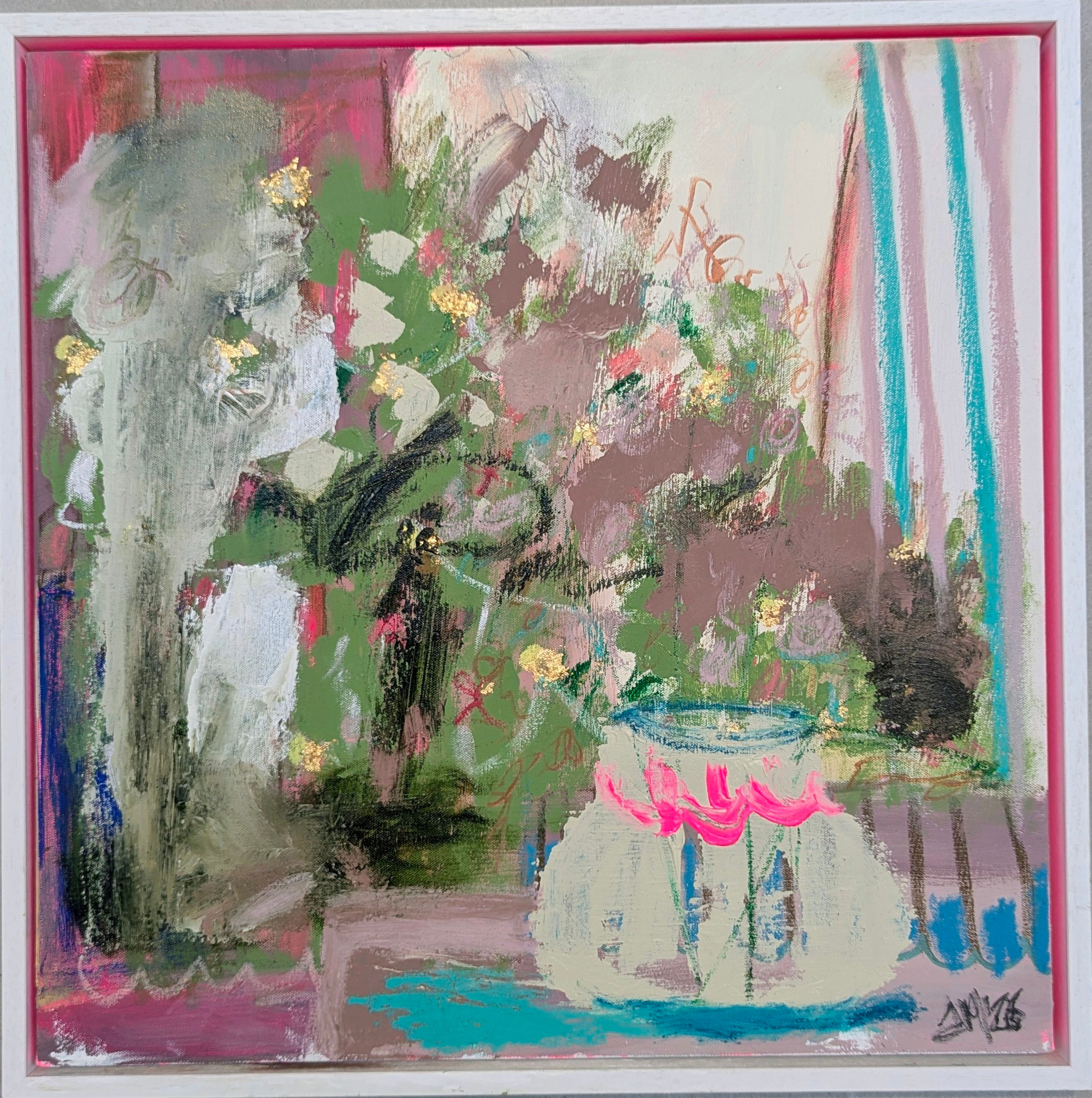 The Pot With the Blue Boat - Framed, Oil & Pigment on Canvas (64x64cm)