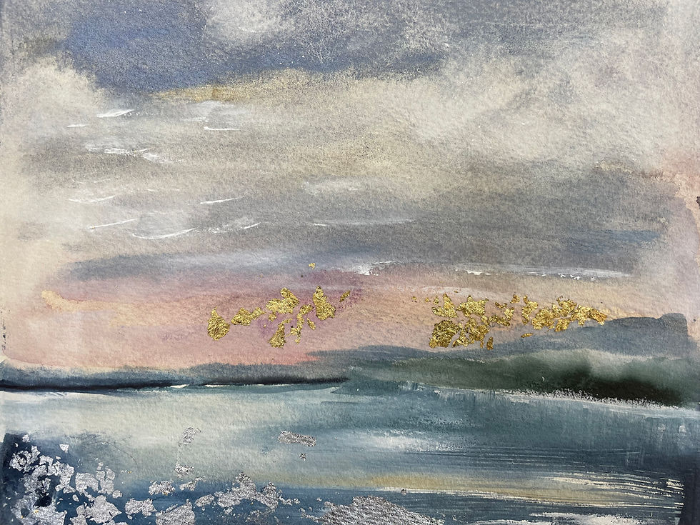 Early Morning From The Shore by Angela Murray, a framed 38x40 cm watercolour with gold and silver leaf painting of the mornin