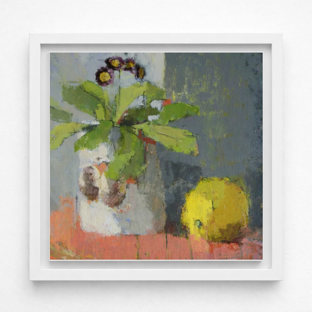 Still Life With Bird Vase - Framed, Oil & Pigment on Linen (50x50cm)