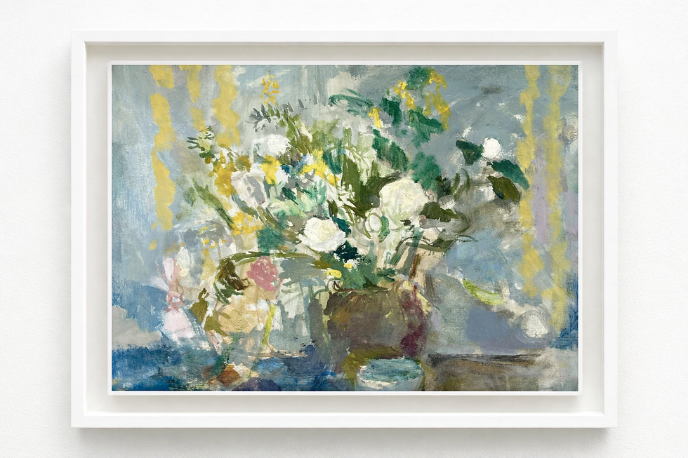 Thumbnail: Still Life With Striped Drape - Framed, Oil & Piment on linen (40x50cm)