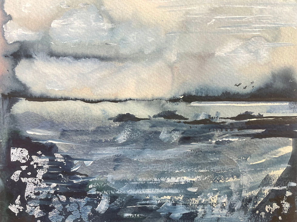 Tumbling Skies by Angela Murray, a framed 38x40 cm watercolour and silver leaf painting of dynamic skies.