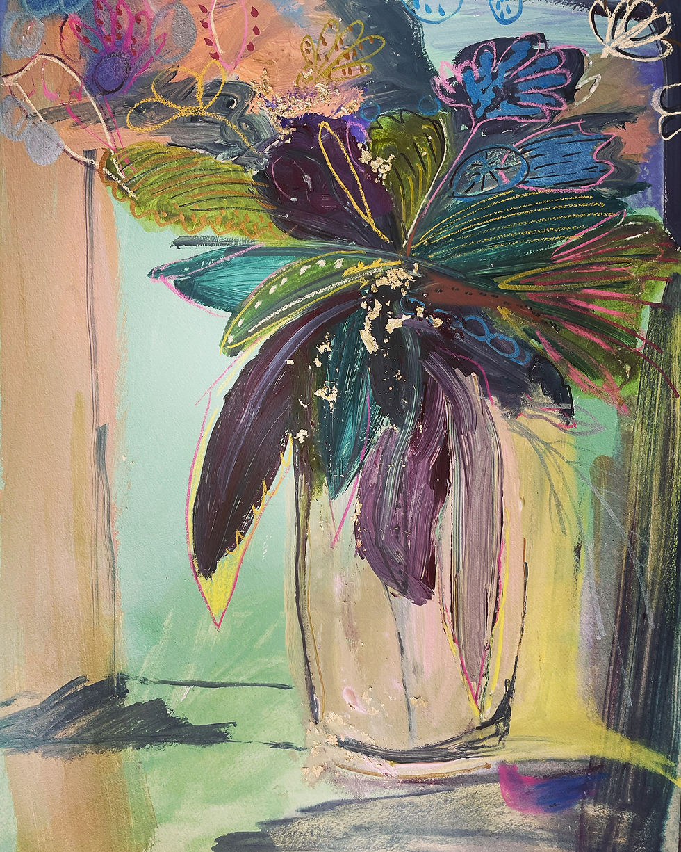 Evening Still Life by Angela Murray, a 46x61 cm watercolour and gold leaf painting of an evening still life scene, floated an