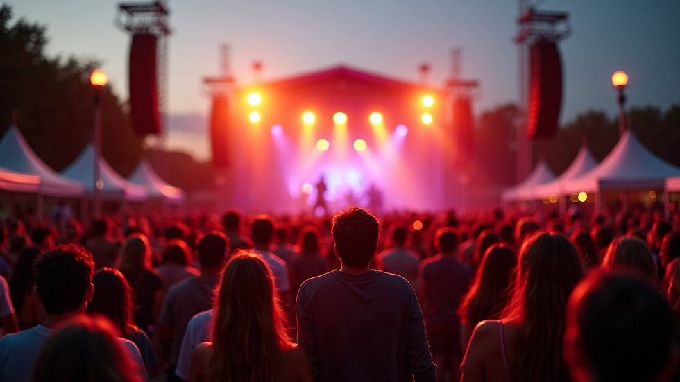 Wide angle view of a bustling music festival crowd