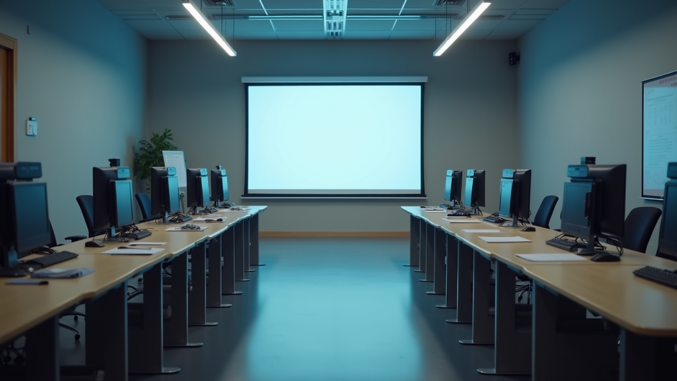 Wide angle view of a modern training room with technology setup