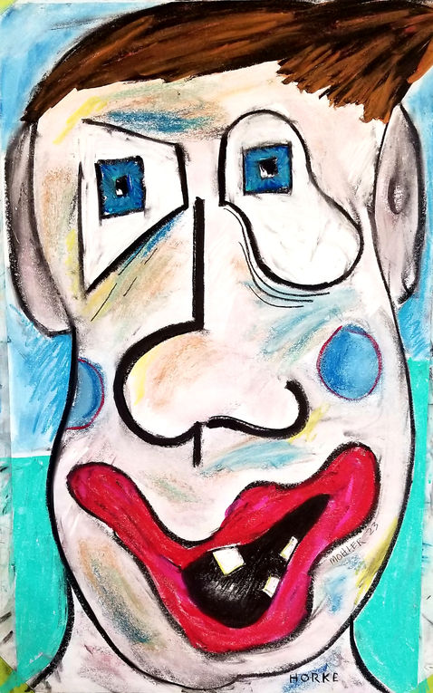 Expressionist face drawing with square eyes.