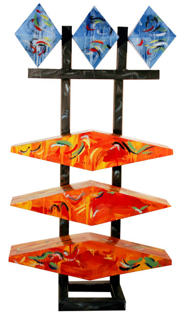 Tall orange steel sculpture with three blue octahedrons.