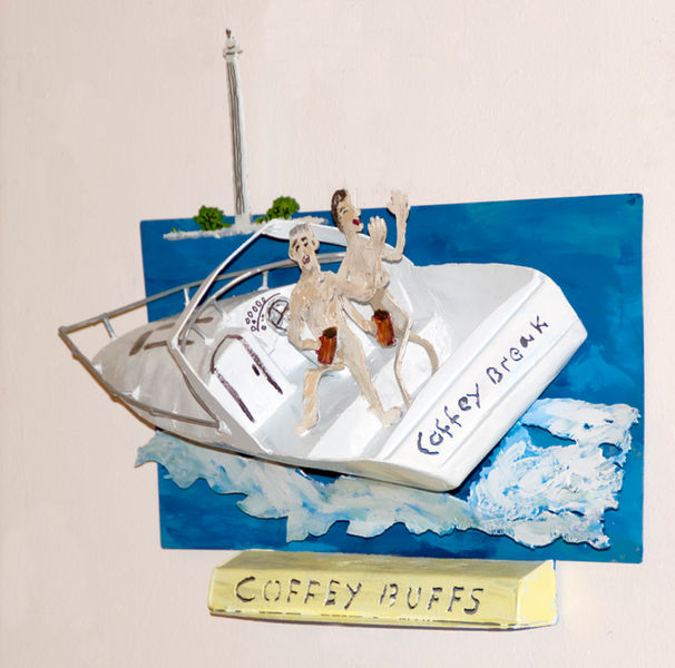 Painted steel bas relief of boat and two people