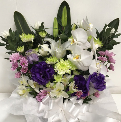 H7225-仏アレンジ MIX系-胡蝶蘭・菊・ユリ・アルストロメリア・トルコ