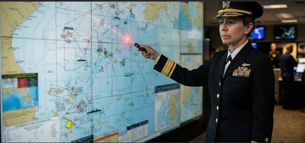 Navy officer using a laser pointer over a maritime map