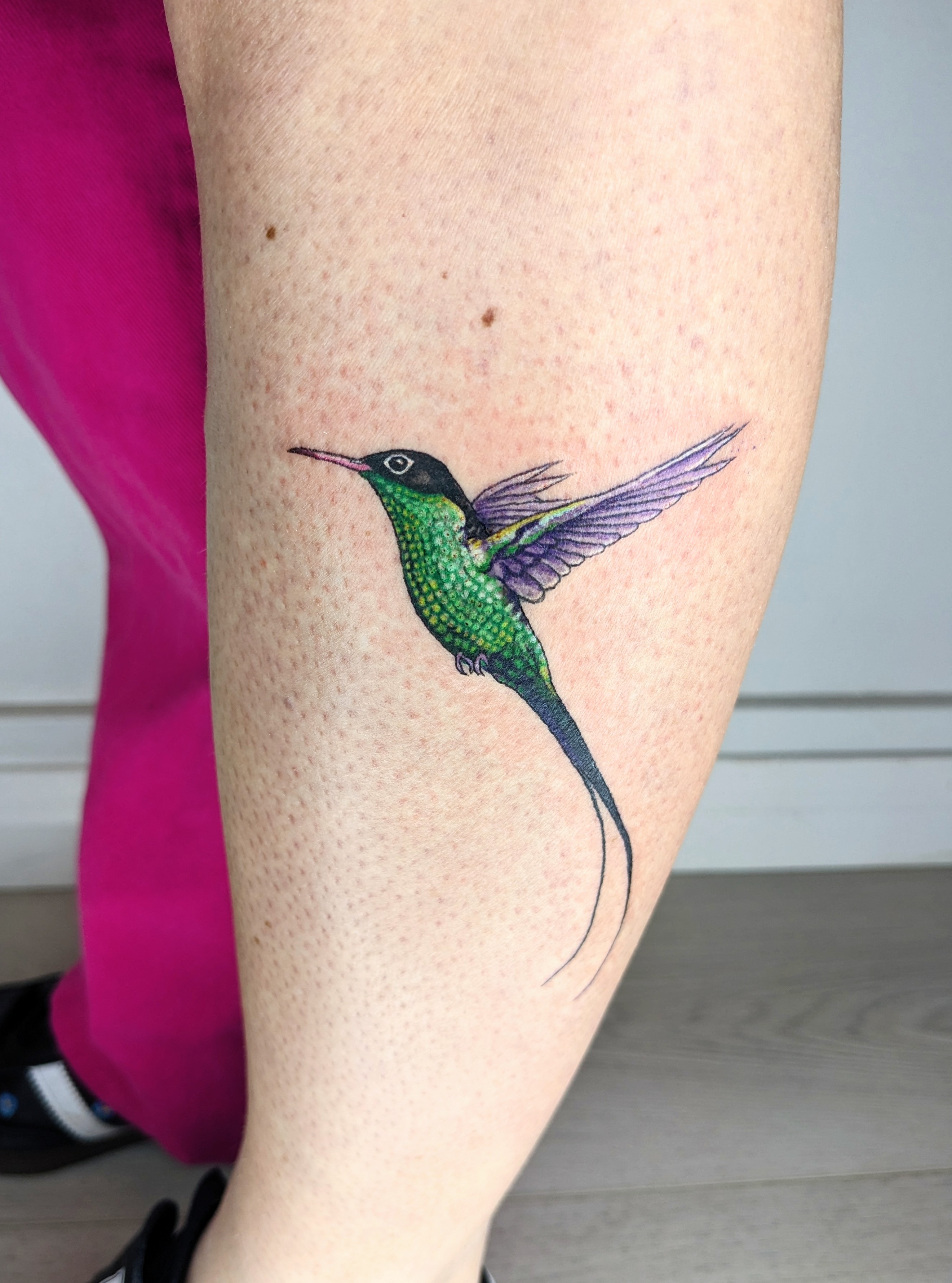 Colour tattoo of a hovering hummingbird with a green body, purple wings, and a long split tail