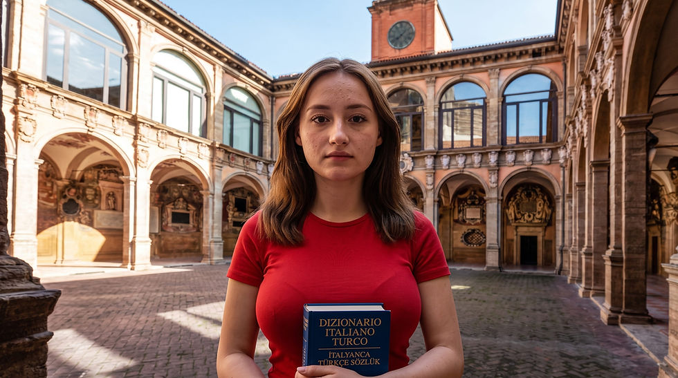 İtalya Bologna Üniversitesi kampüsünde DSU bursu olanakları üzerine çalışan EuropeUni eğitim uzmanı İrem Uysal.