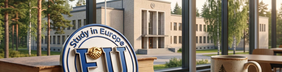 EuropeUni amblemi, Finlandiya bayrağı, kitaplar ve kampüs manzaralı eğitim görseli.