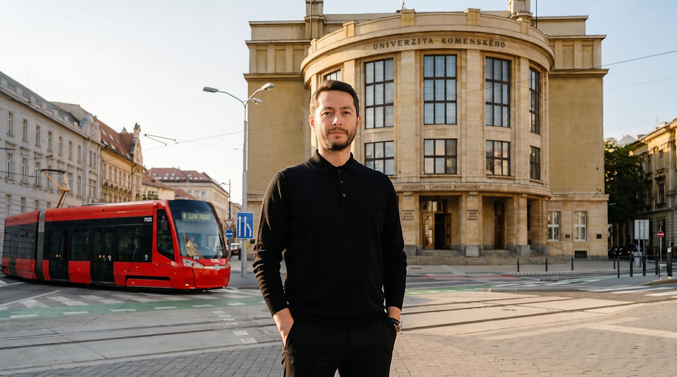 EuropeUni Avrupa'da eğitim uzman danışmanı Bekir Çelen, Comenius Üniversitesi Bratislava kampüsü önünde.
