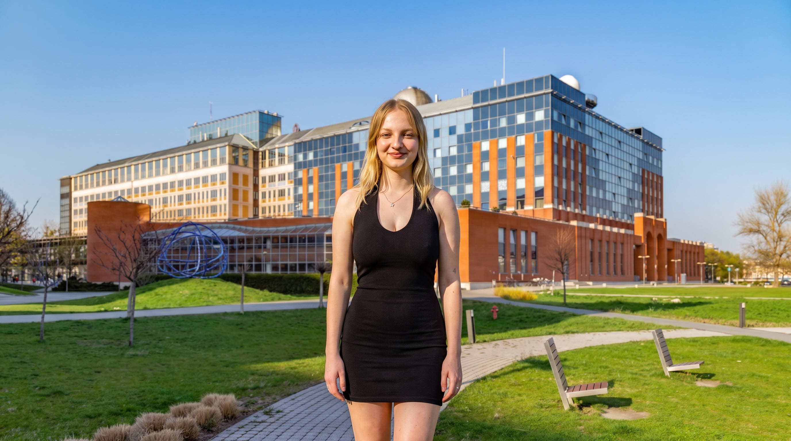 EuropeUni İzmir yurtdışı eğitim ofisi danışmanlığı ile Macaristan Eötvös Loránd University (ELTE) kurumundan kabul alan öğrenci İrem Çağlayan üniversite kampüsü önünde.