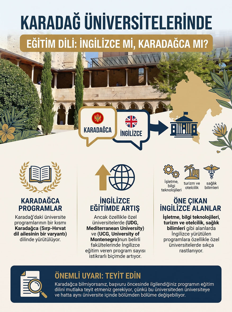 Karadağ'da üniversite okumak için sunulan Karadağca ve İngilizce eğitim programlarının dil seçenekleri ve öne çıkan lisans alanları.