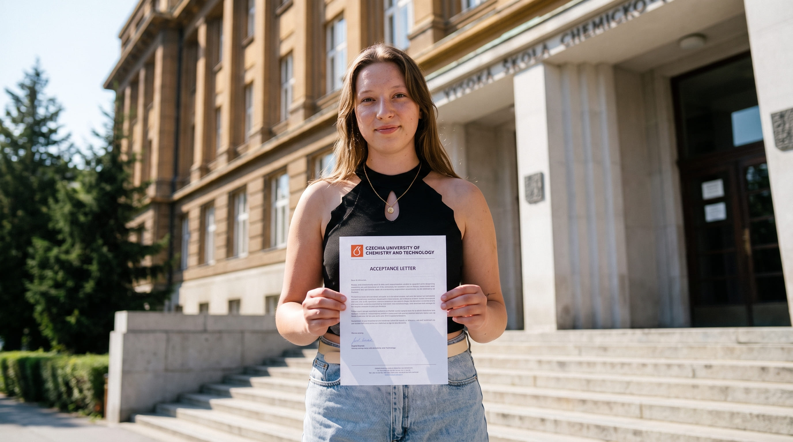 EuropeUni İzmir ofisi yurtdışı eğitim danışmanlığı ile Çekya University of Chemistry and Technology'den kabul alan öğrenci Elif, üniversite kampüsü önünde kabul mektubunu gösterirken.