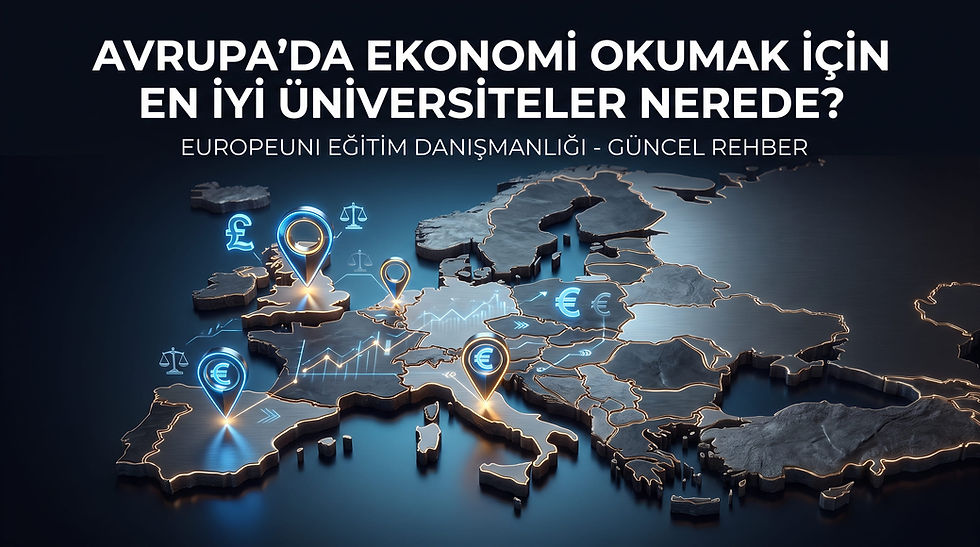 Avrupa'da ekonomi okumak için en iyi üniversitelerin bulunduğu ülkeleri ve finansal merkezleri gösteren, lokasyon işaretleyicilerine sahip stratejik 3D Avrupa haritası.