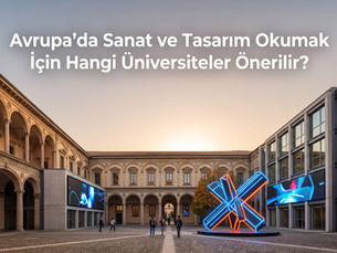 Avrupa'da sanat ve tasarım okumak için önerilen tarihi üniversite kampüsü ve modern dijital sanat enstalasyonu.