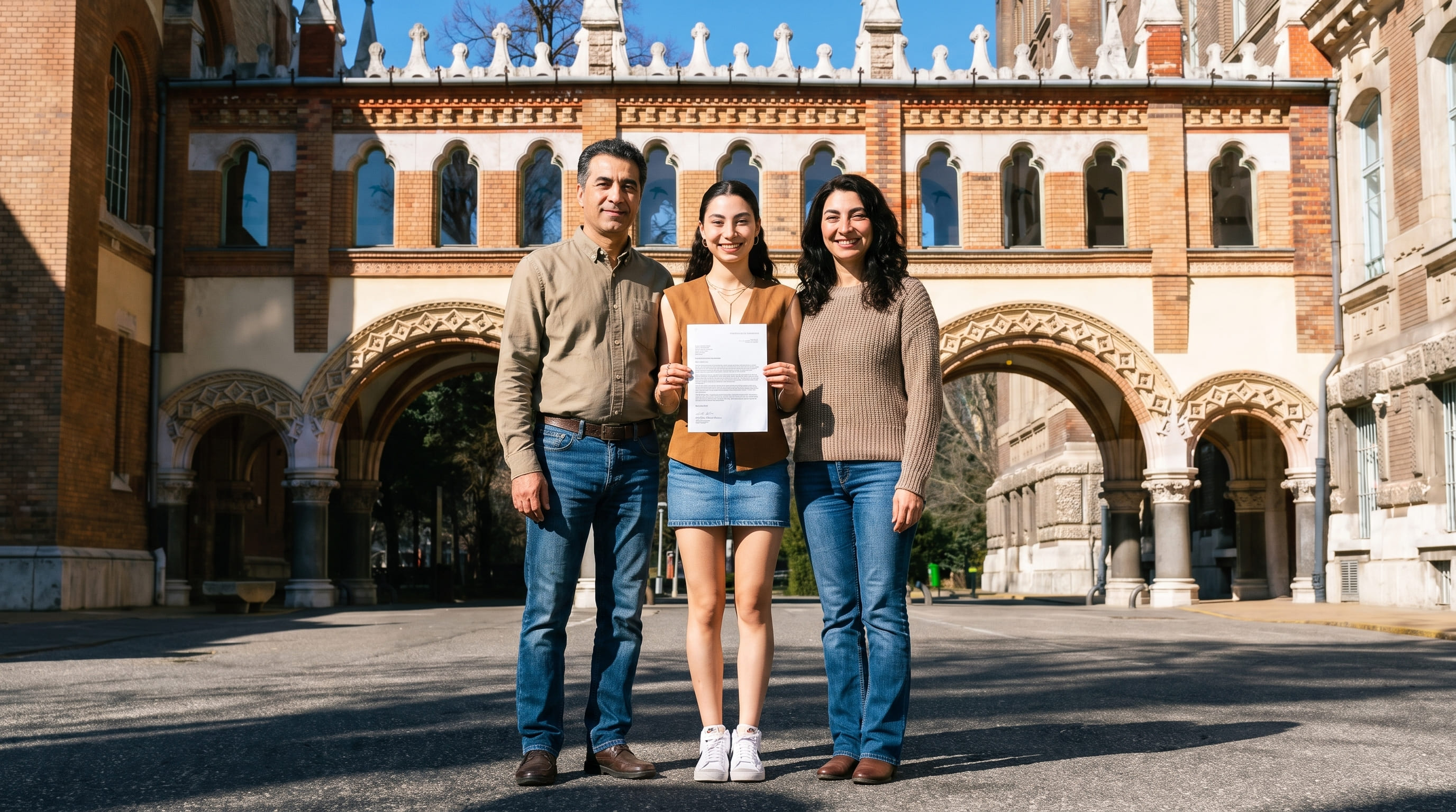 EuropeUni İzmir ofisi yurtdışı eğitim danışmanlığı ile Macaristan BME Technical University of Budapest kurumundan kabul alan öğrenci Melissa ve ailesi üniversite kampüsü önünde.