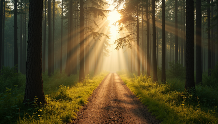 Eye-level view of a winding forest path in early morning light