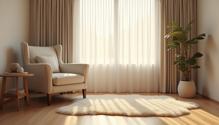 Eye-level view of a quiet therapy room with a comfortable chair and soft natural light