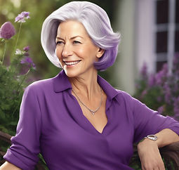 An elegant, middle aged woman, wearing casual clothes in purple. Silver hair, brown eyes,