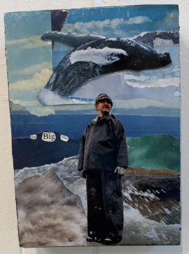 "the Big one" by Madeleine Jackson, collage on panel, $150