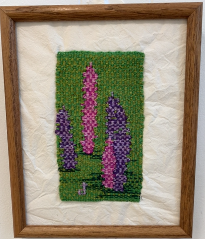 "Impression: Lupines" by Debra C. Thomas, hand woven tapestry, $84