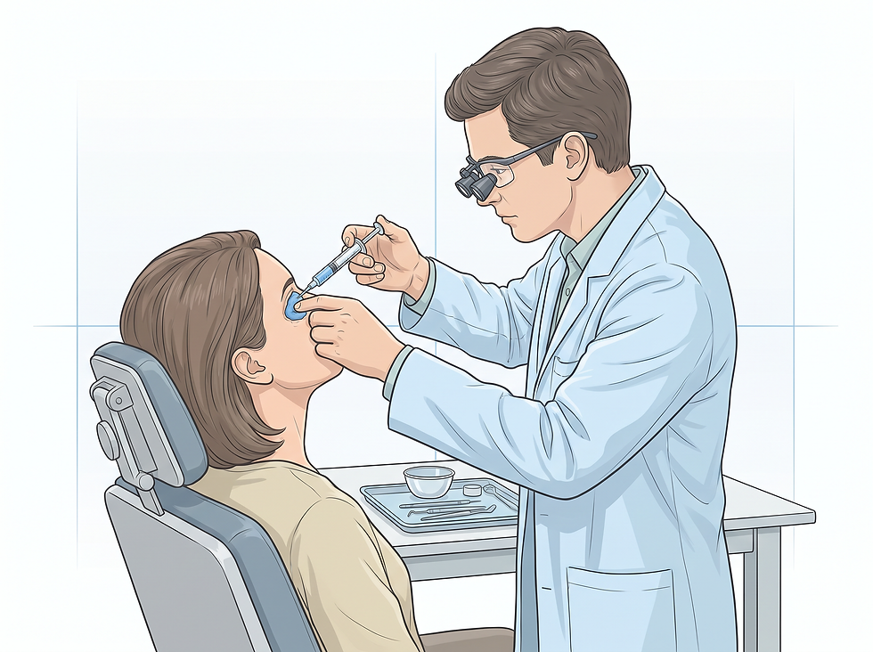 Illustration of an ocularist in a clinic taking an impression of a patient's eye socket to create a custom, comfortable prosthetic eye.