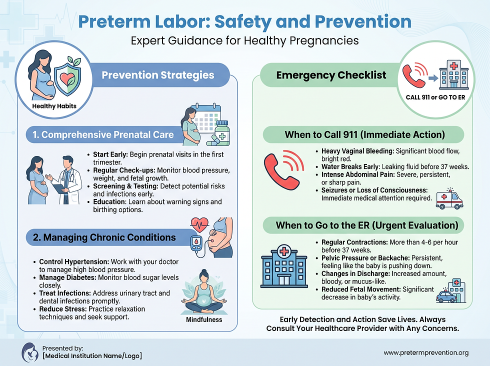 Preterm labor safety and prevention guide covering prenatal care, managing chronic conditions, and an emergency checklist for when to call 911 or go to the ER.