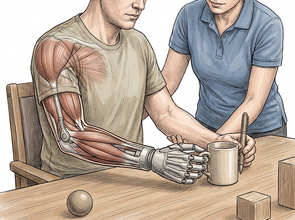 A scene showing a user working with a therapist to practice grasping everyday objects like a cup or a pen with a prosthetic hand.