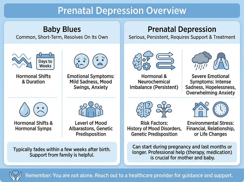 Infographic comparing the baby blues with prenatal depression, including symptoms, hormonal causes, risk factors, and environmental stress.