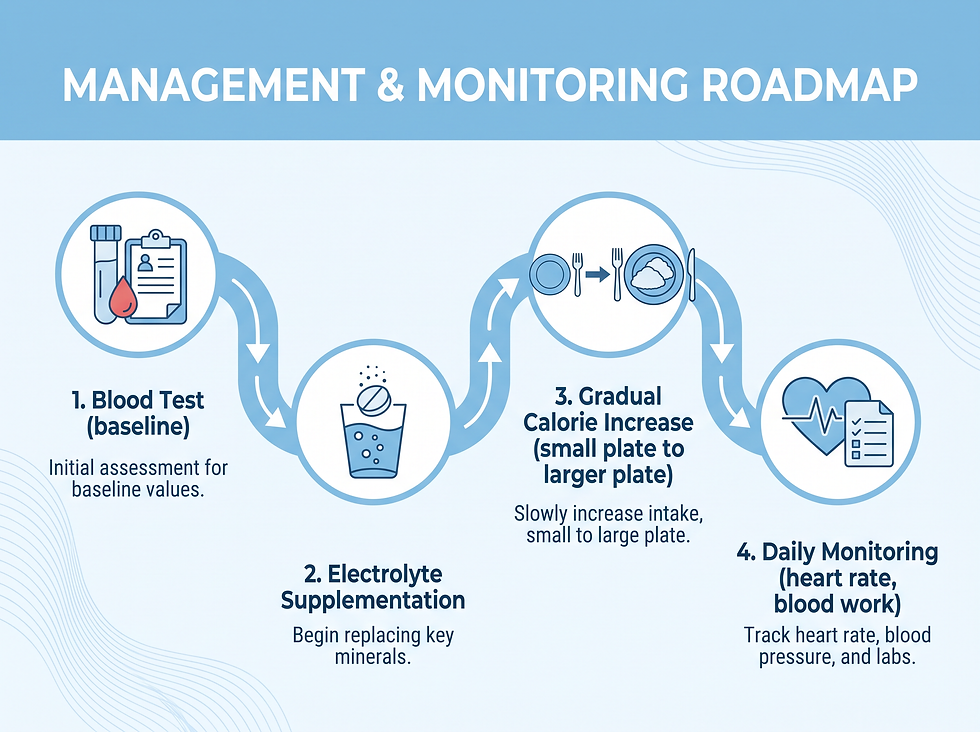 Management and monitoring roadmap for refeeding syndrome: baseline blood test, electrolyte supplementation, gradual calorie increase, and daily monitoring
