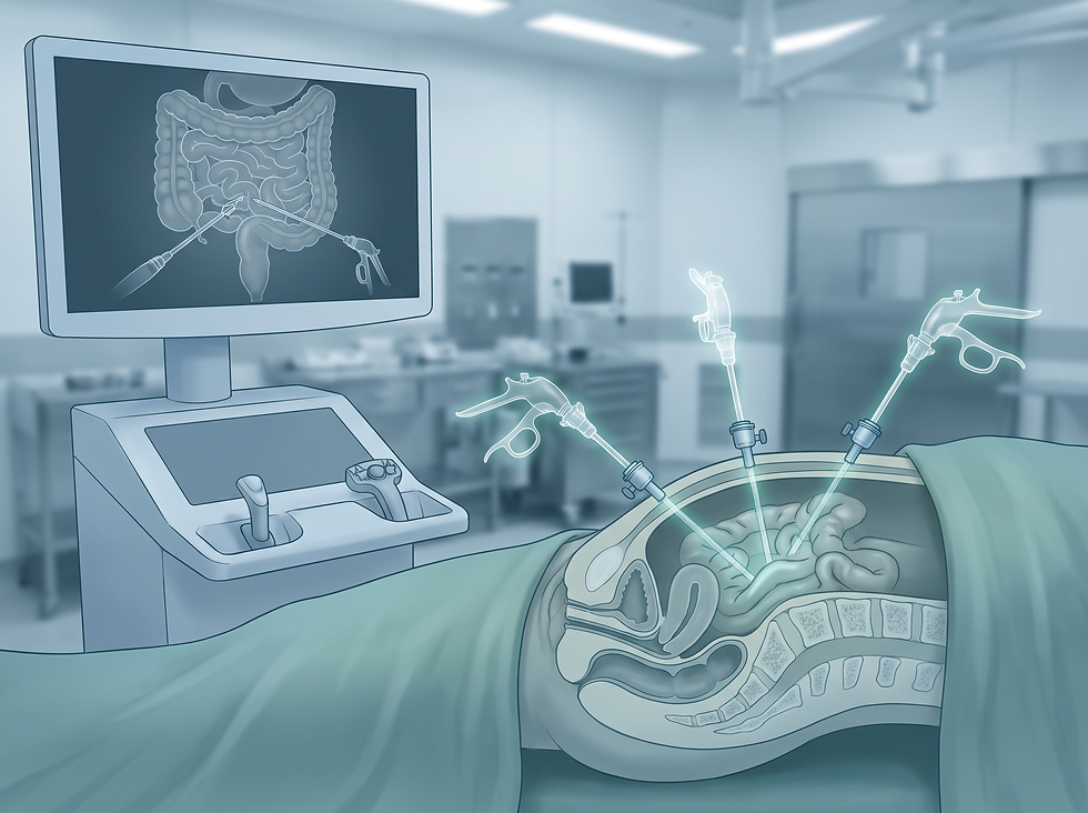 Conceptual illustration of a minimally invasive laparoscopic surgical environment for bowel resection.