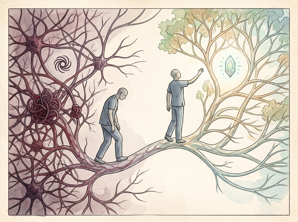 Illustration of emotional growth: a figure walking from a tangled, dark network of branches toward a bright, open tree and reaching for a glowing crystal