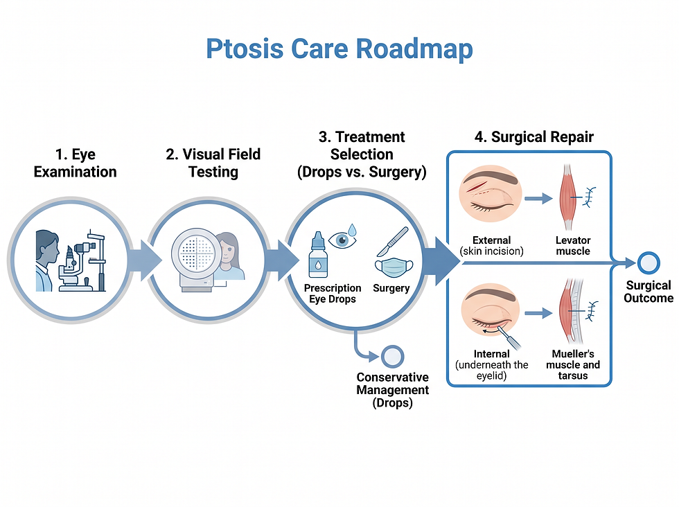 Roadmap of ptosis care from eye examination and visual field testing to choosing between prescription eye drops and surgery, including external and internal surgical repair.